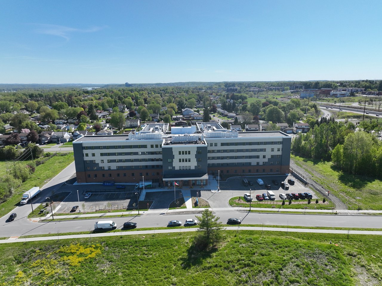 An aerial view of the Extendicare Beauclaire (Carlingview Manor) facility