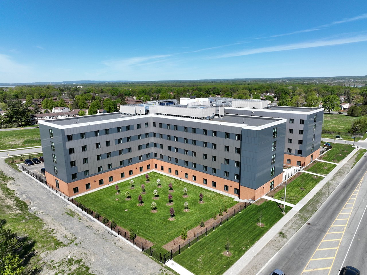 An aerial view of the Extendicare Beauclaire (Carlingview Manor) facility
