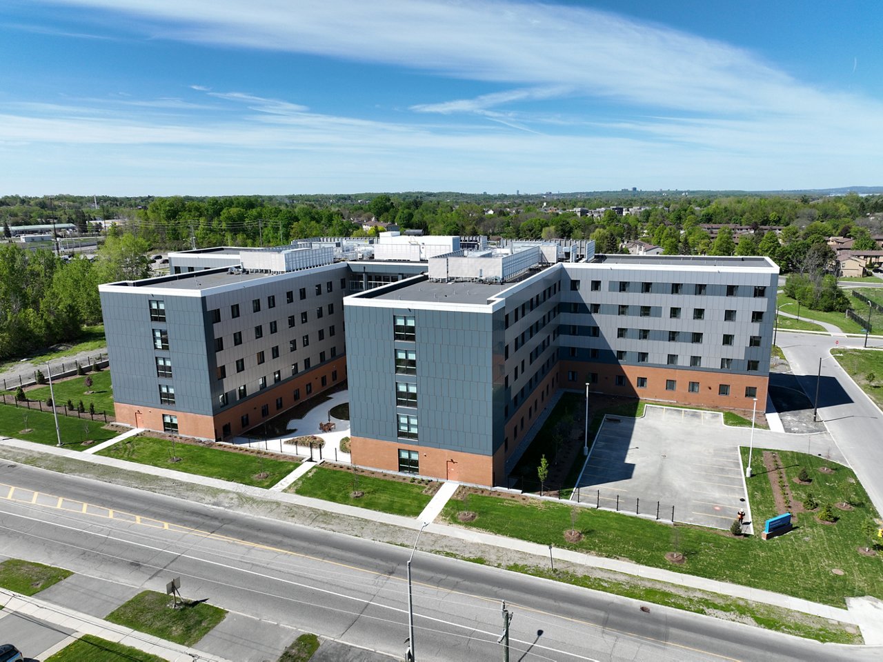 An aerial view of the Extendicare Beauclaire (Carlingview Manor) facility