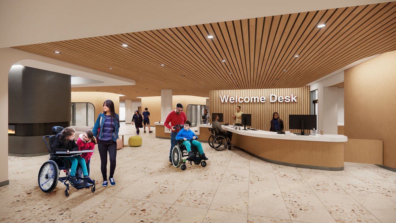 A CGI rendering of the BC Children's Hospital Centre for Health Complexity Main Lobby