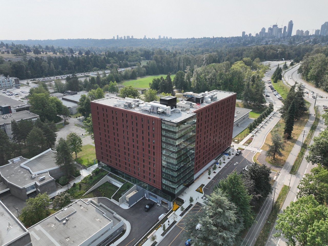 An aerial drone shot of the BCIT building