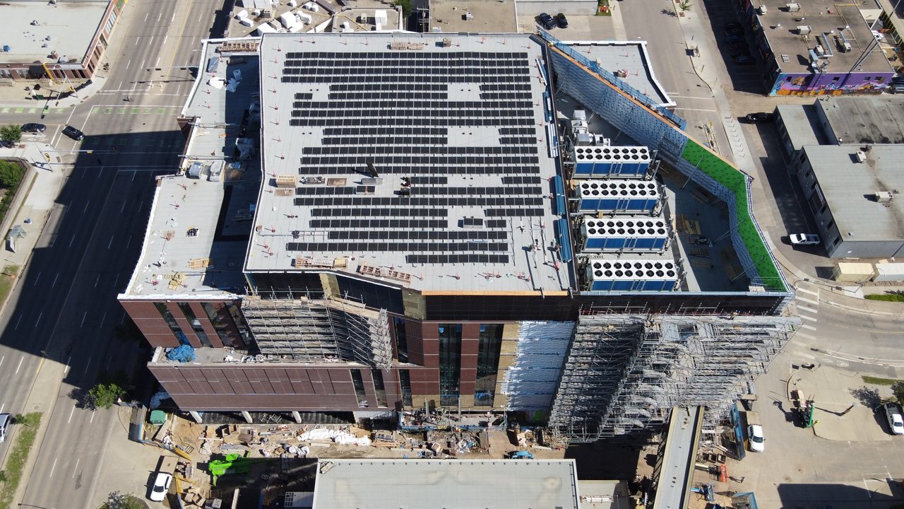 An exterior top-down photo of the MacEwan School of Business