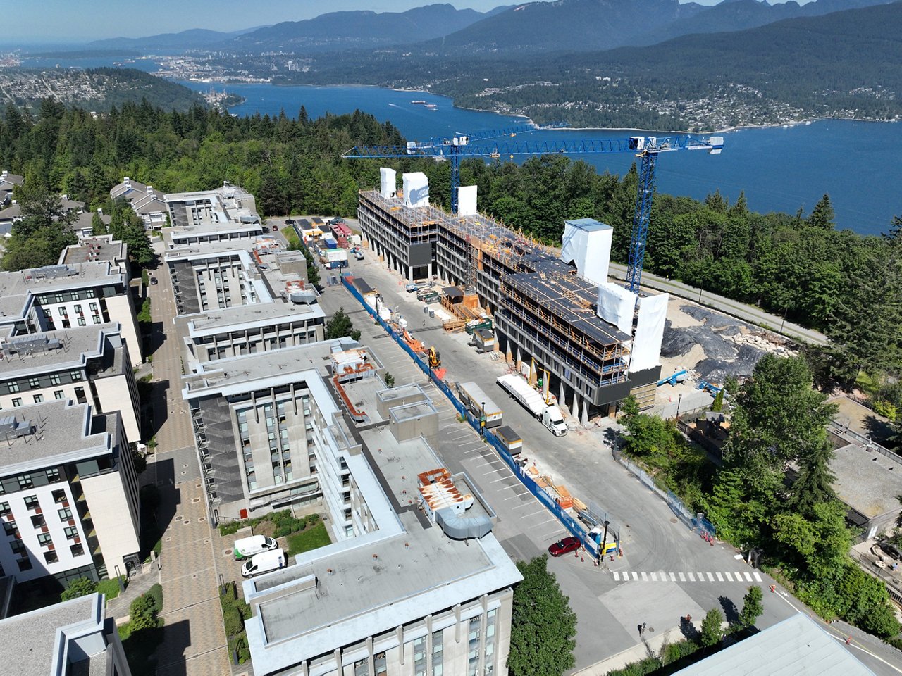 Aerial drone shots of the SFU Student Residences under construction