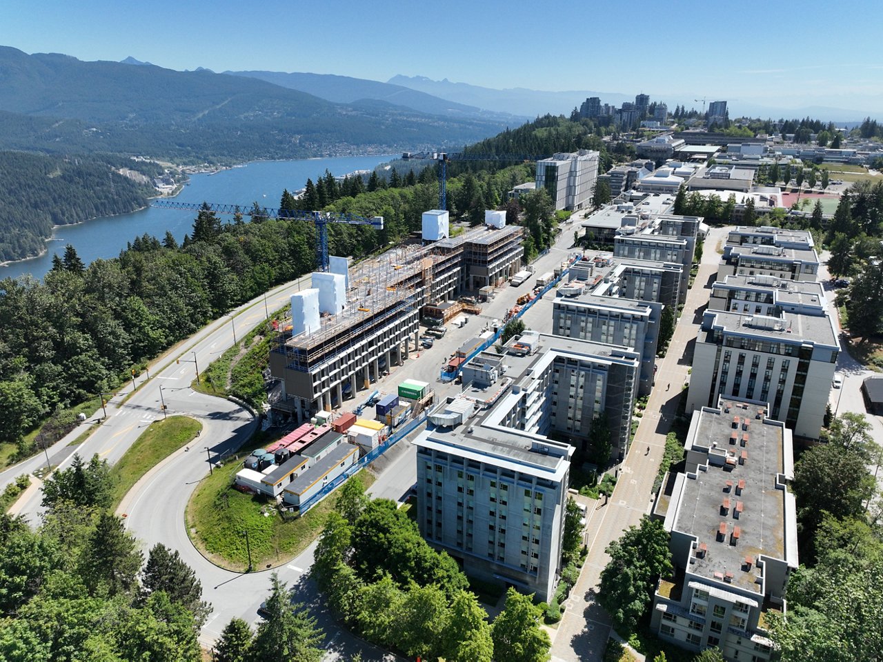Aerial drone shots of the SFU Student Residences under construction