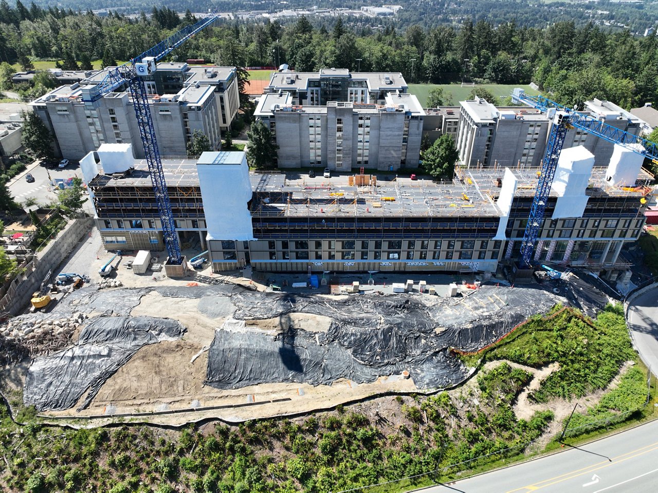 Aerial drone shots of the SFU Student Residences under construction