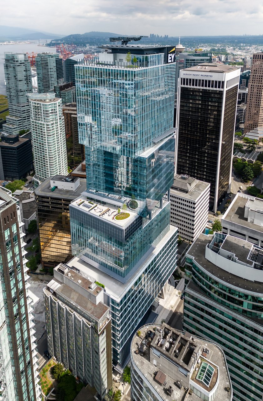 An aerial shot of the Stack office building on a cloudy day