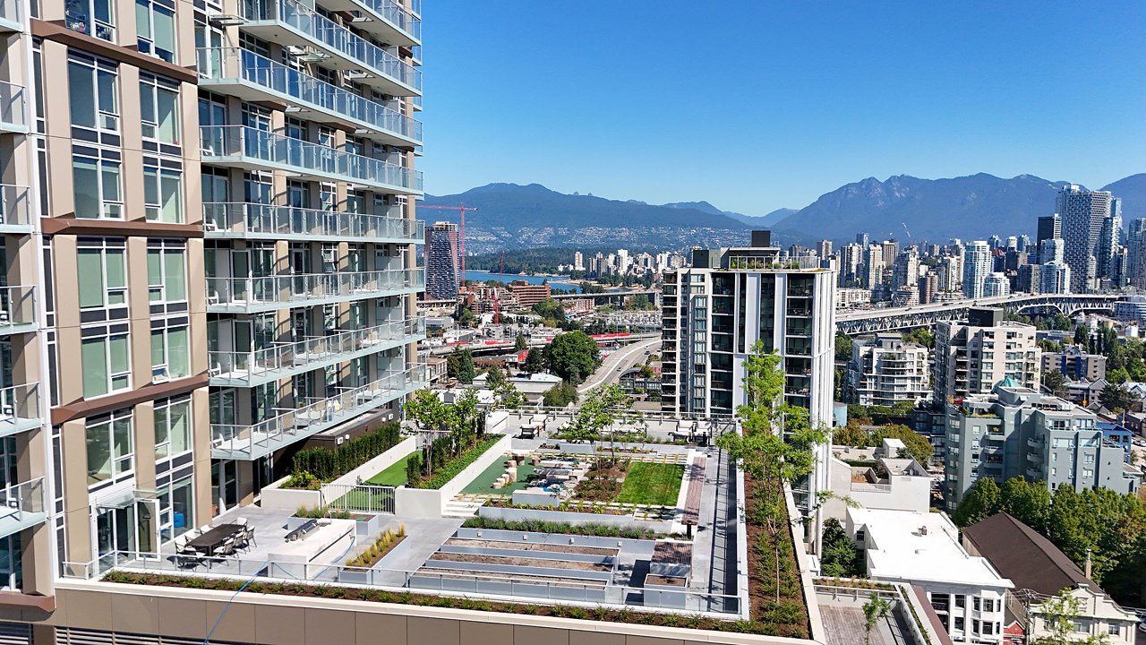 A shot of the outdoor patio common area of the Stories residential building